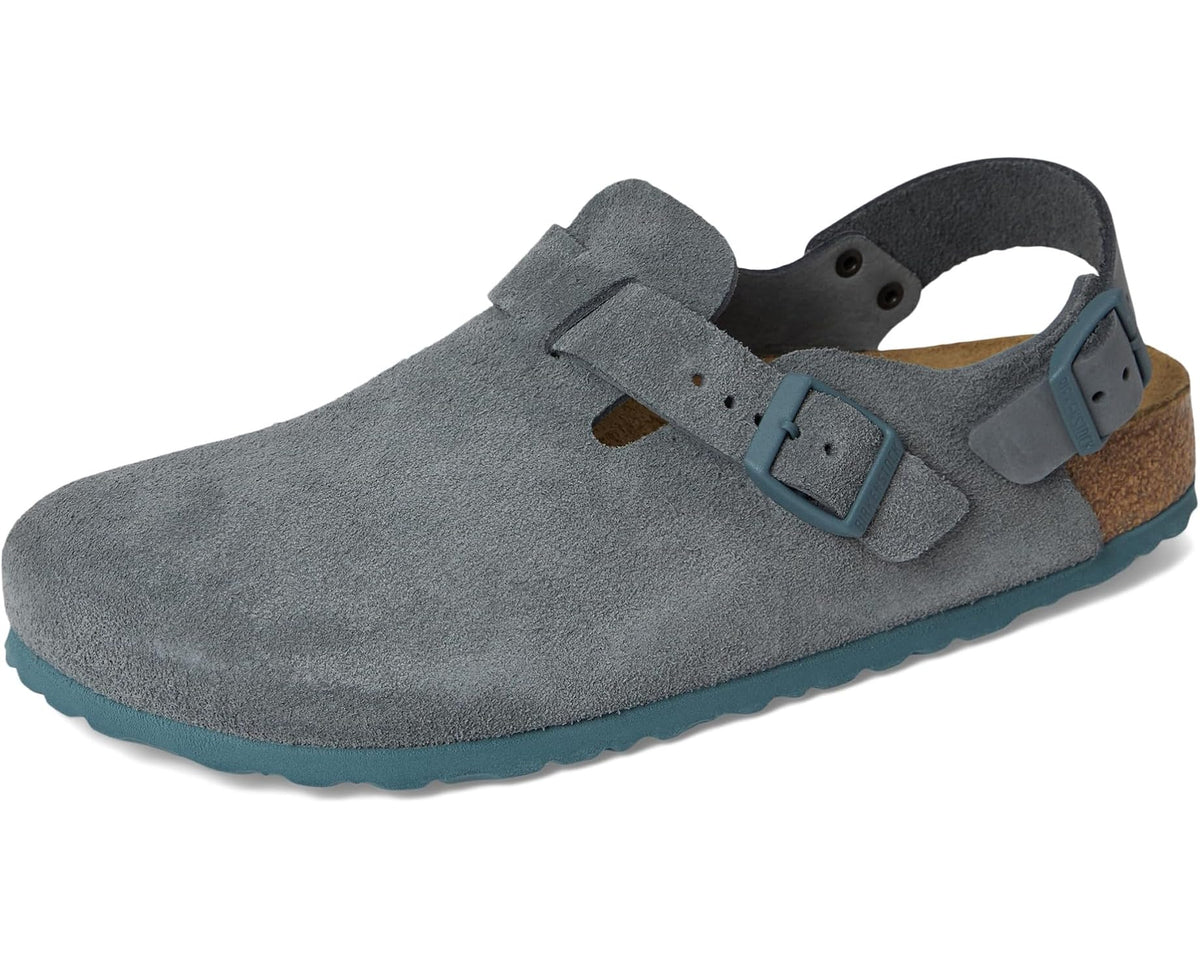 Basalt gray suede unisex clog sandal with adjustable blue buckles and dark outsole