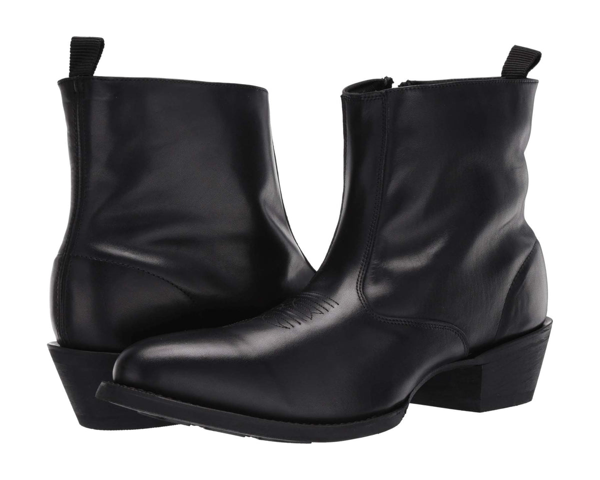 Black mid-calf leather boots with side zipper and stacked block heel