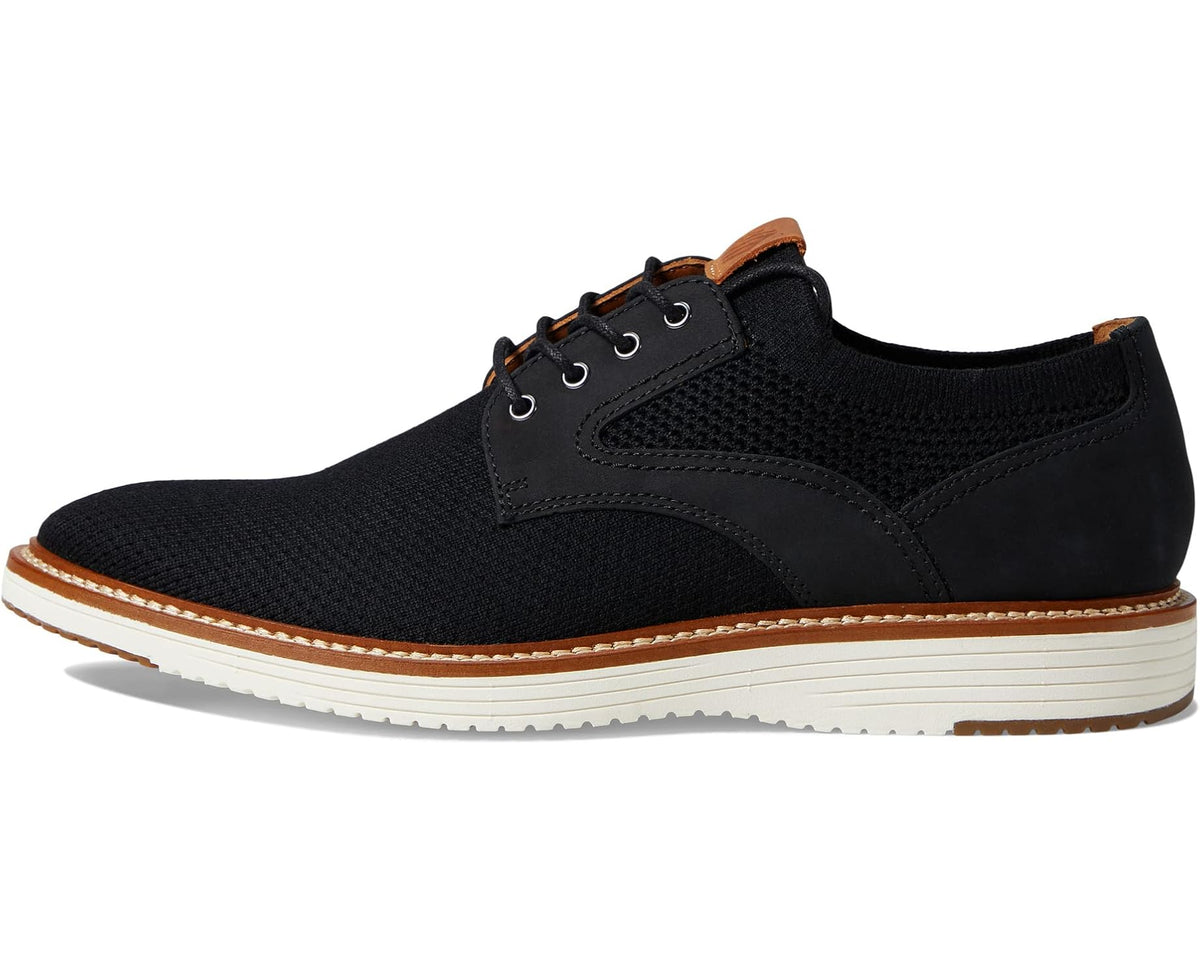 Men's black knit plain-toe lace-up chukka shoe with brown-stitched midsole