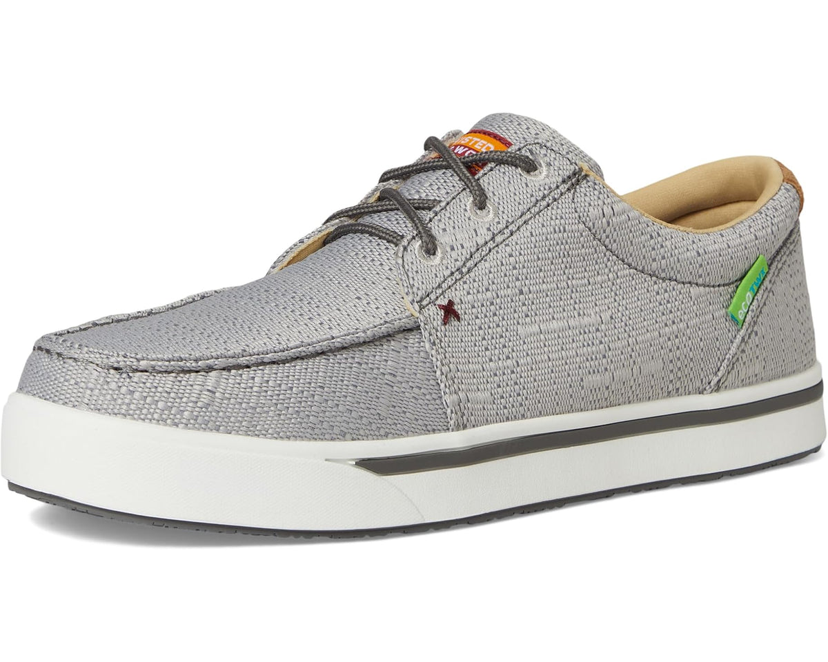 Light grey men’s lace-up work shoe with woven upper and white rubber sole.