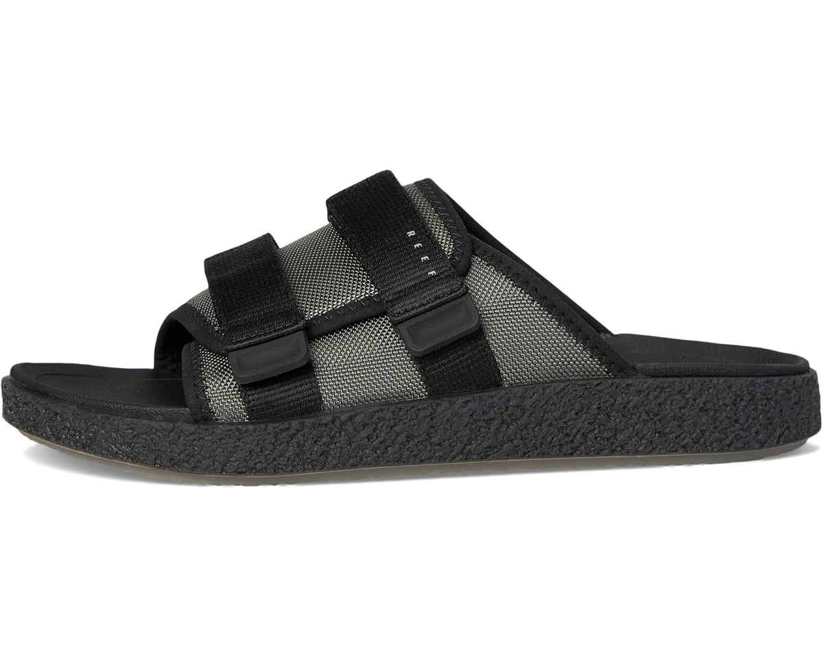 Olive and black slide sandals with two wide adjustable straps and dark sole