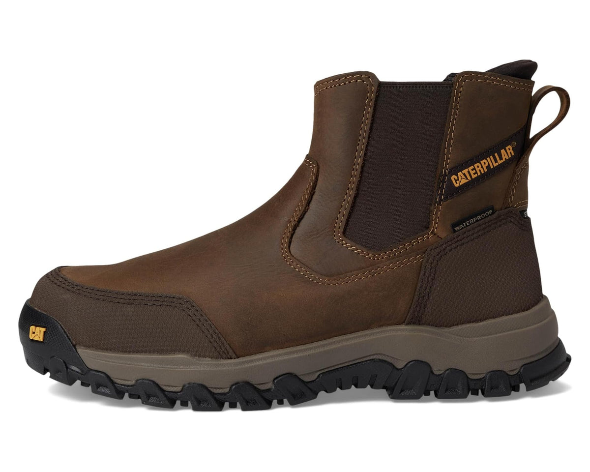 Men's bison Chelsea waterproof work boot with CAT logo on heel and side elastic gussets