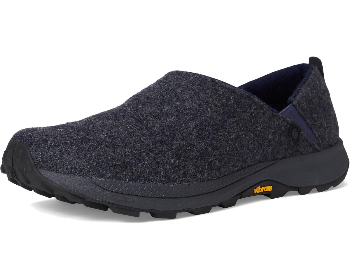 Full side profile of men's grey and navy felt slip-on with rugged Vibram tread