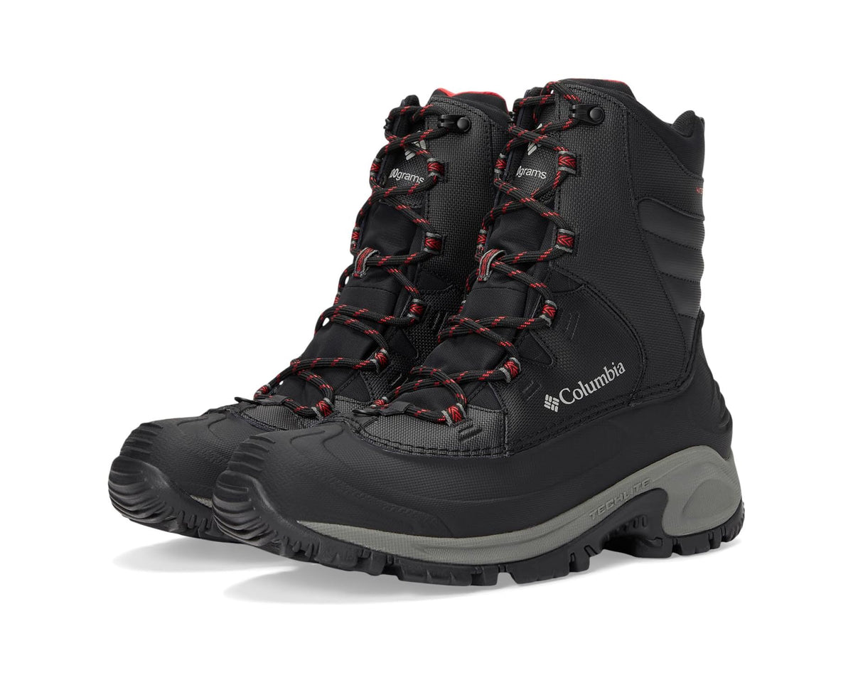 Men's black insulated winter boots with lace-up and red accents, Columbia logo.