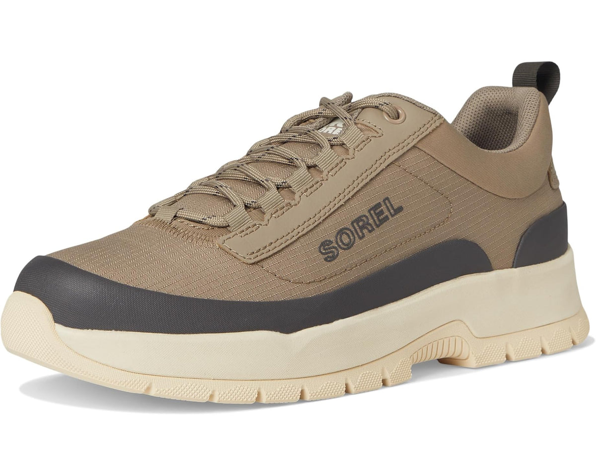 Men's SOREL low-top sneaker with khaki upper, dark trim, and thick light sole