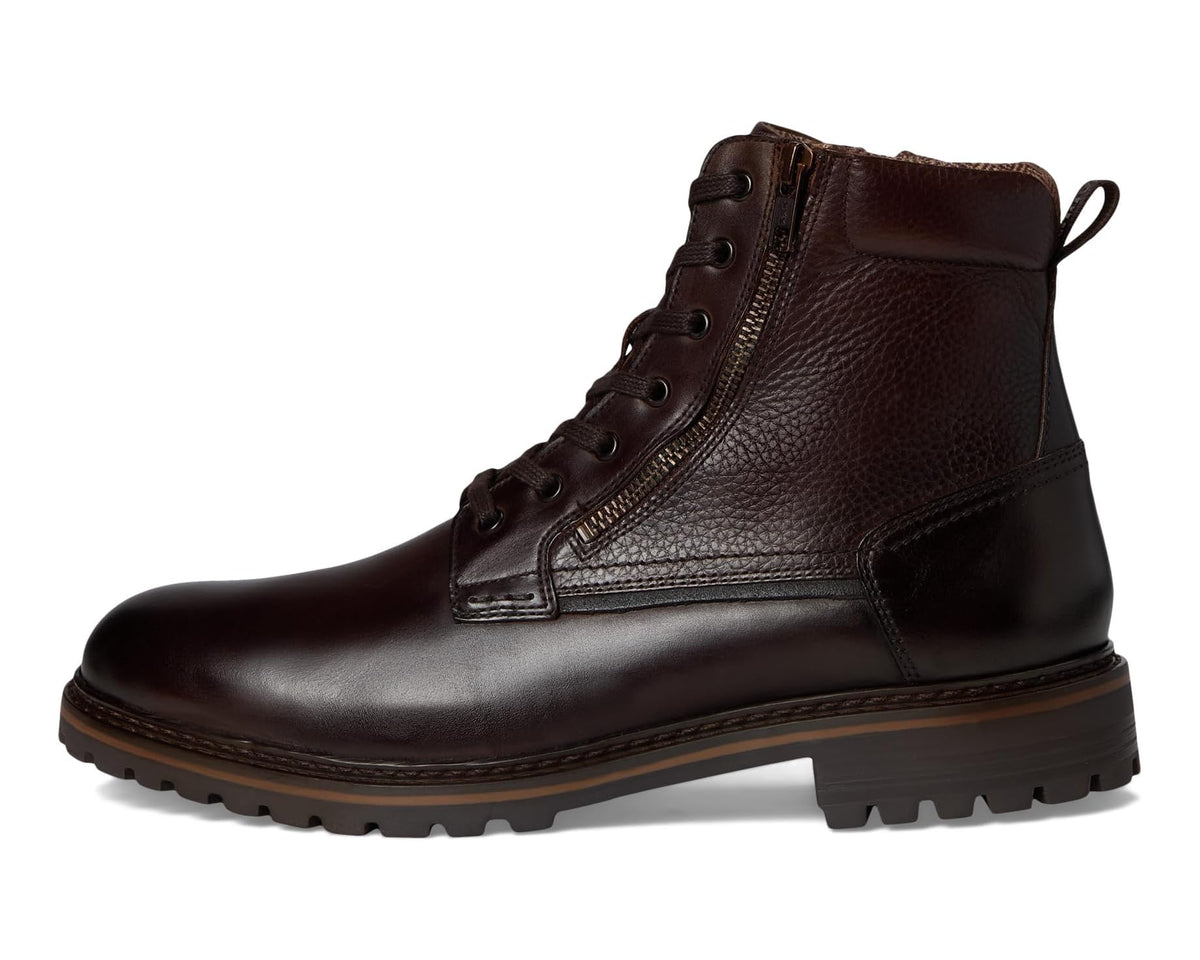 Brown leather lace-up boot with lace-up front, padded collar, and pull tab