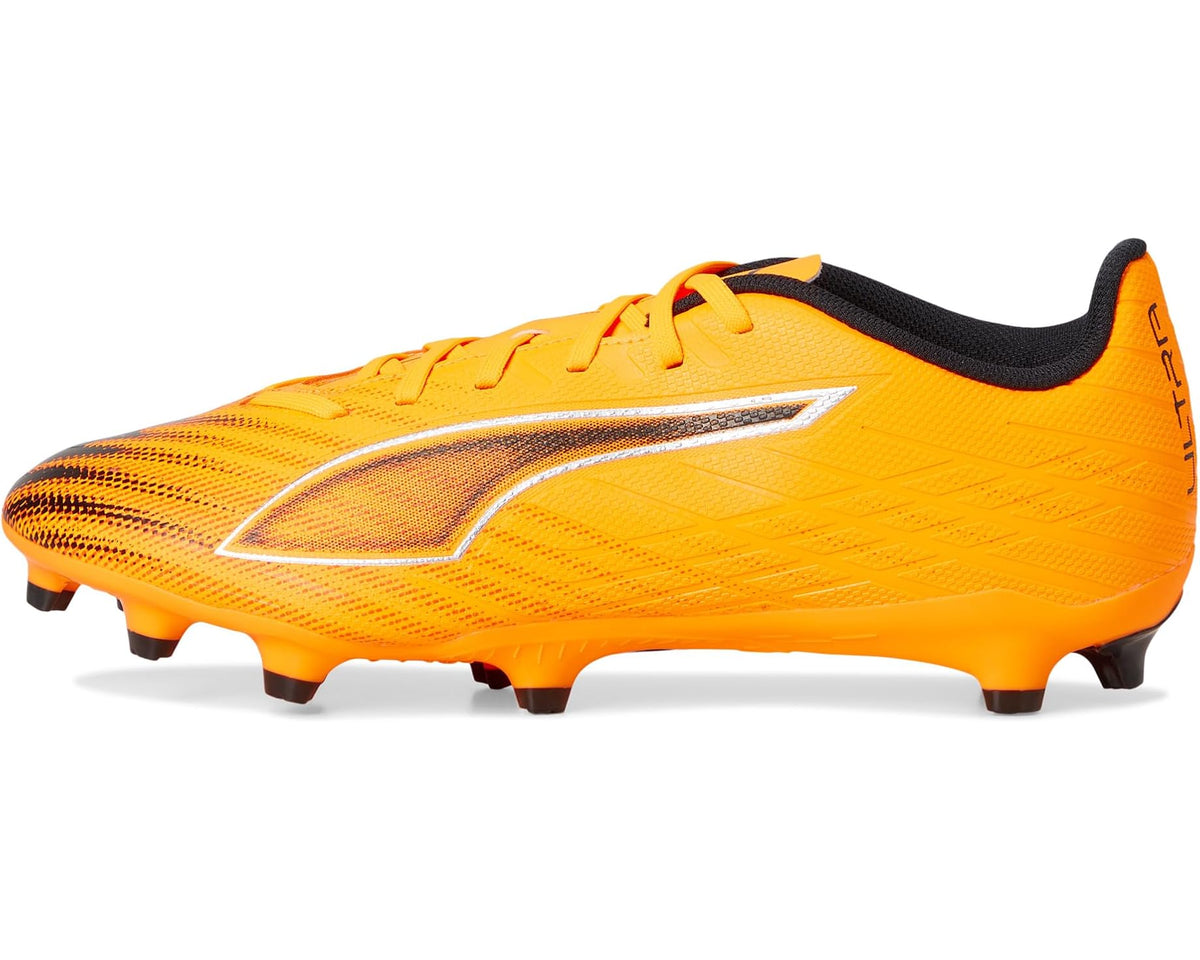 PUMA men's firm-ground soccer cleat profile in orange with black sock and stripe