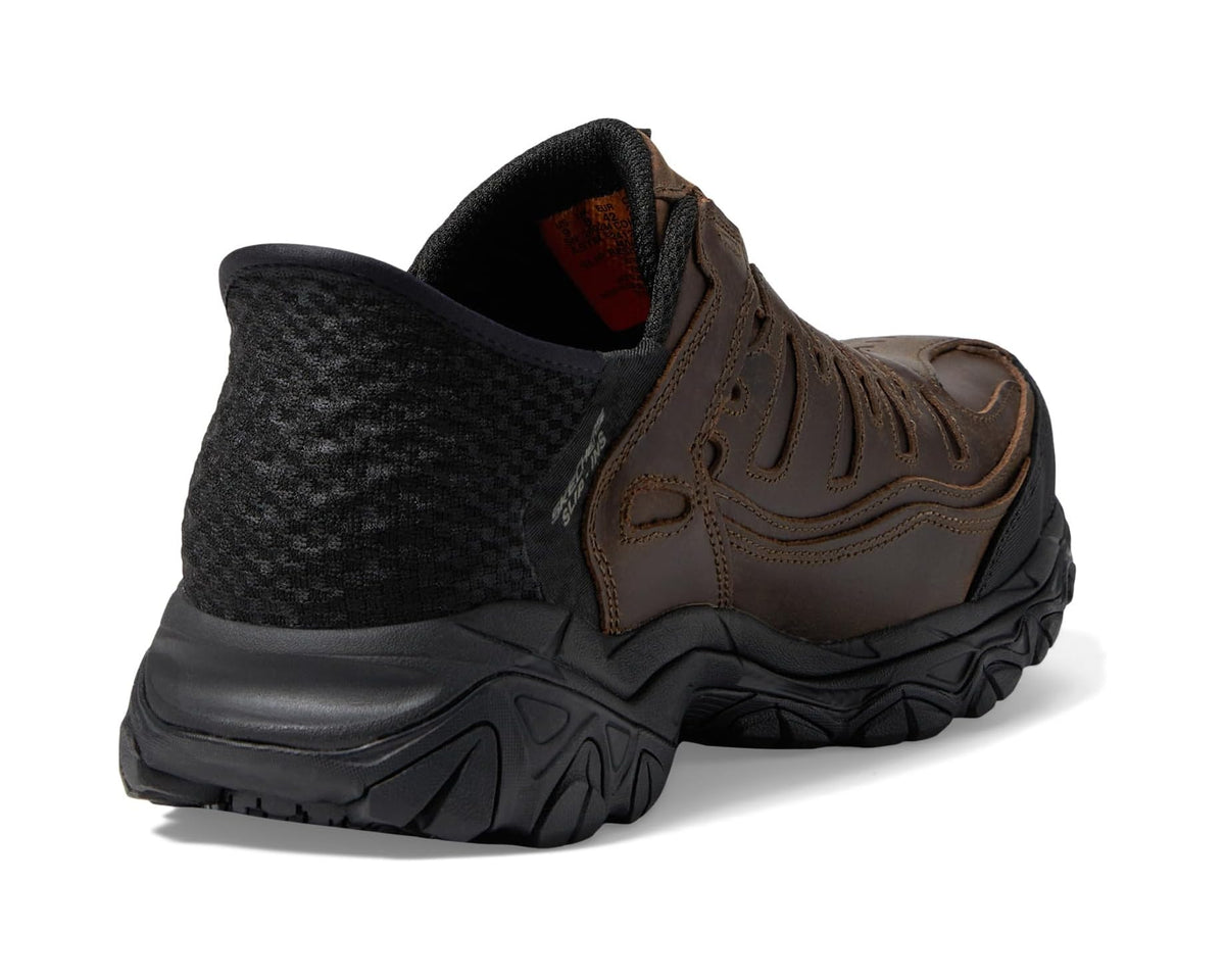 Men's brown work sneaker, heel view with padded collar and black mesh lining