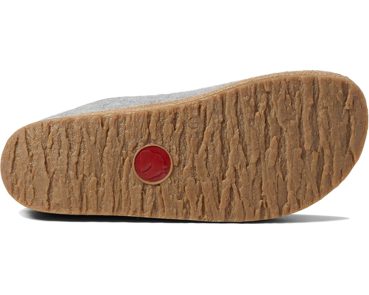 Haflinger unisex felt slippers outsole, tan cork with red circular button detail