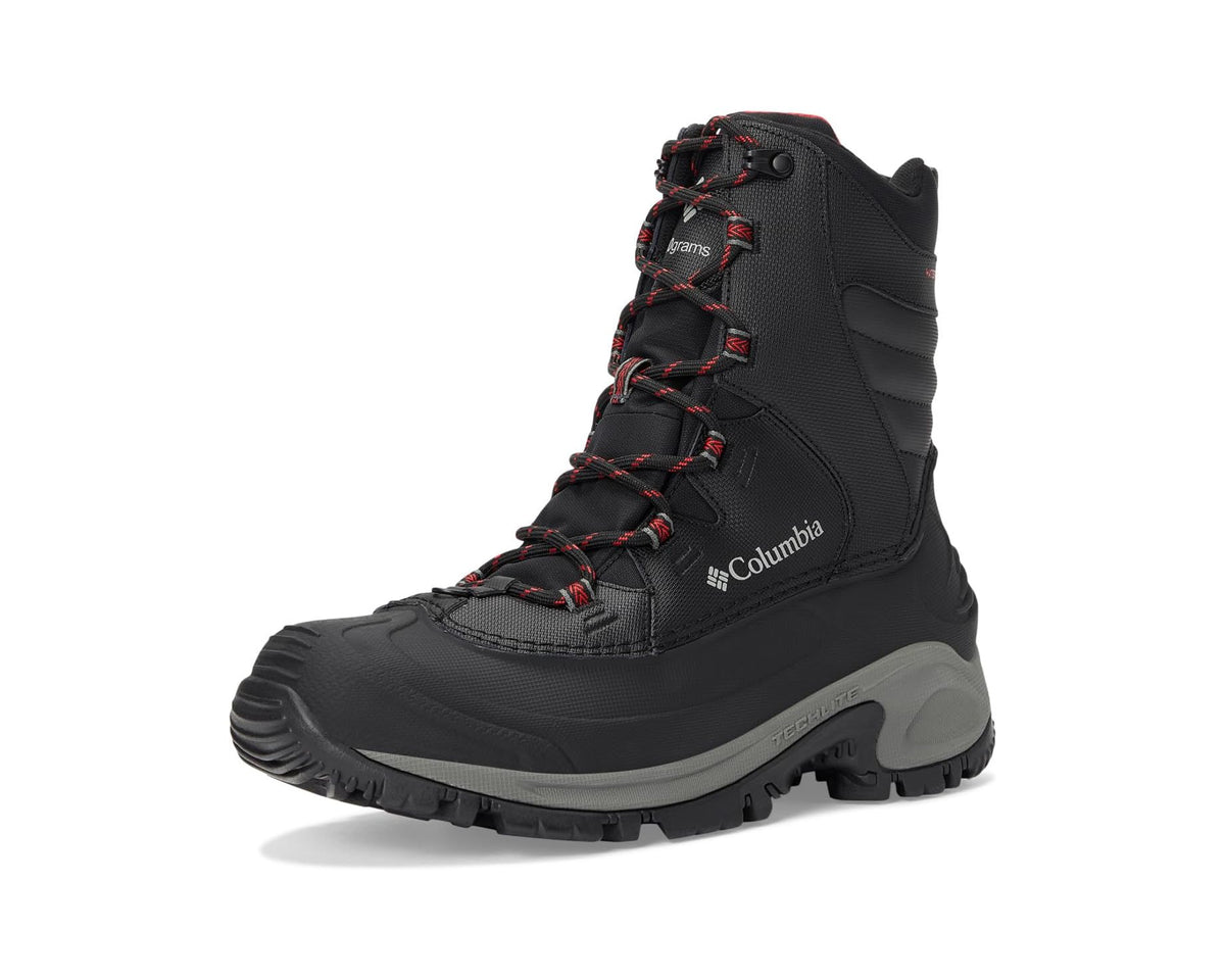 Men's black lace-up winter boot with red accents and Columbia branding on side.