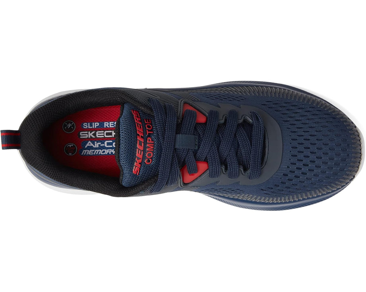 Navy work safety sneaker side view with logoed tongue and padded collar