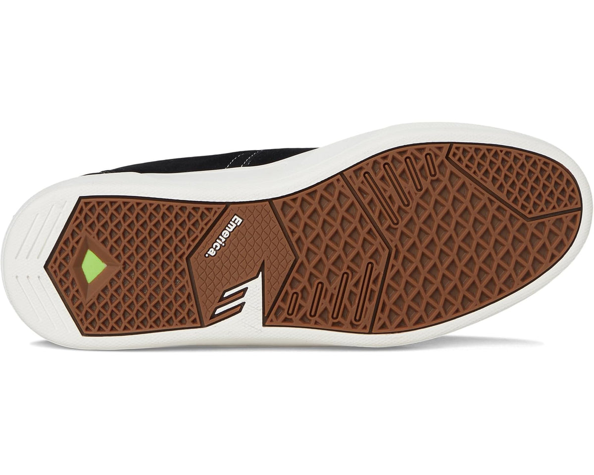Men's black high-top sneaker outsole with diamond tread and brown rubber base