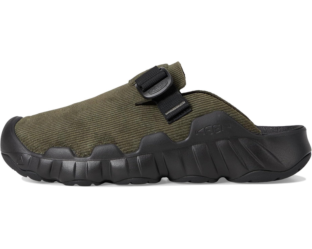 Men's KEEN Hyperport clog in olive textile with black buckle strap and cushioned sole
