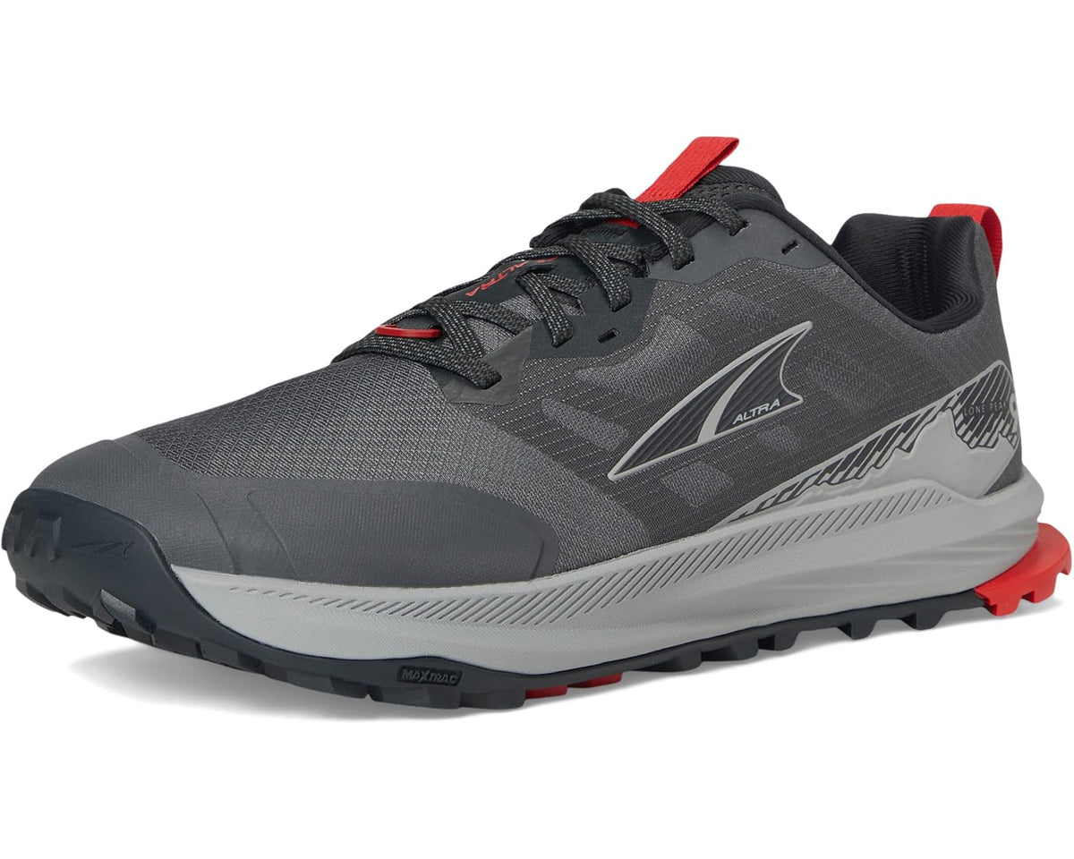 Altra Lone Peak 9 trail shoe angled view, dark gray upper with red lace accents