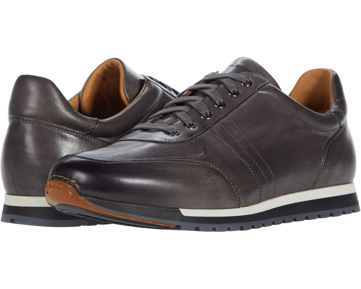 Dark grey leather lace-up sneaker with contrast sole and stitched side panels