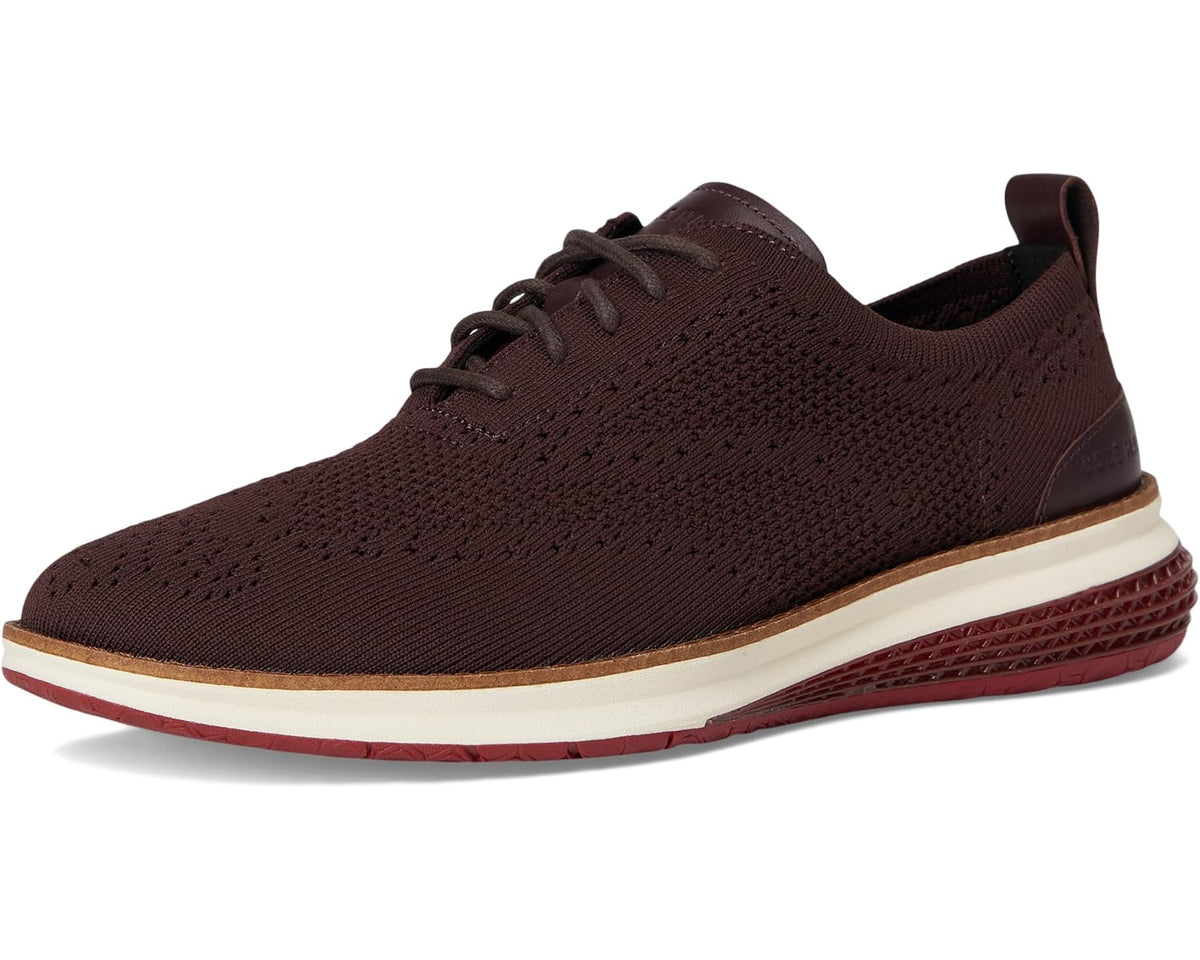 Men's dark chocolate lace-up knit oxford sneaker with cream sole and red-striped outsole