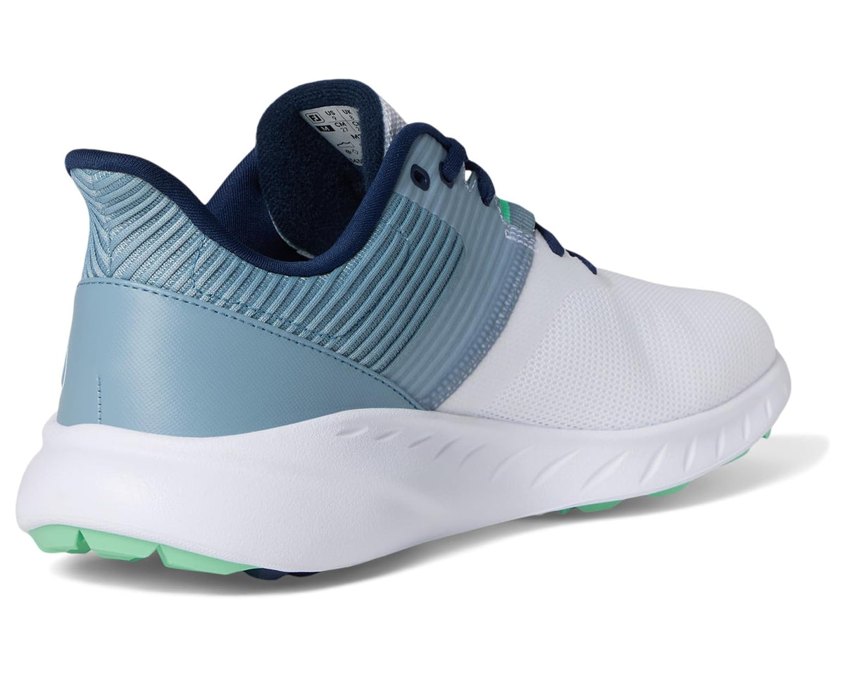 Men's white and light blue golf shoe with navy collar and green sole trim