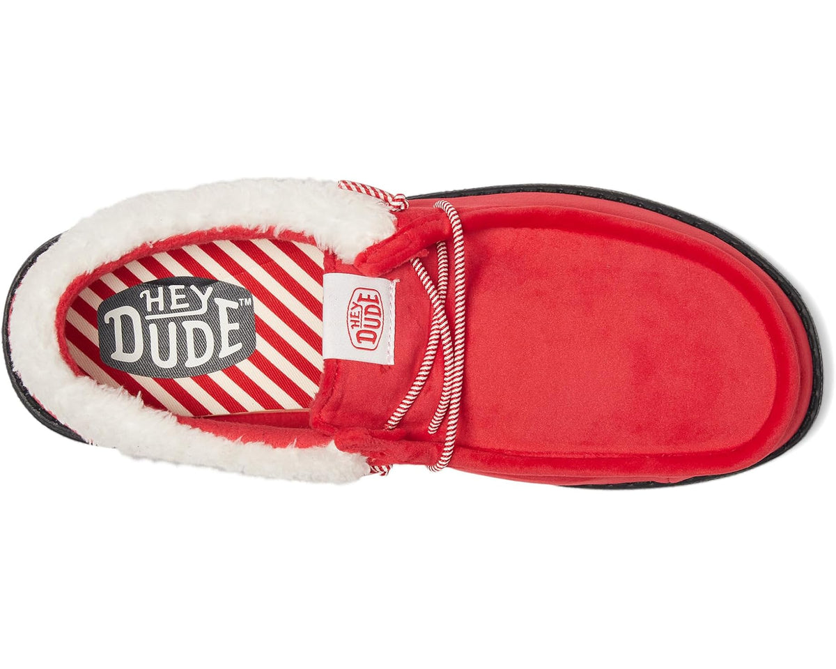 Men's red Hey Dude slip-on shoe with striped lining, faux-fur collar, lace-up