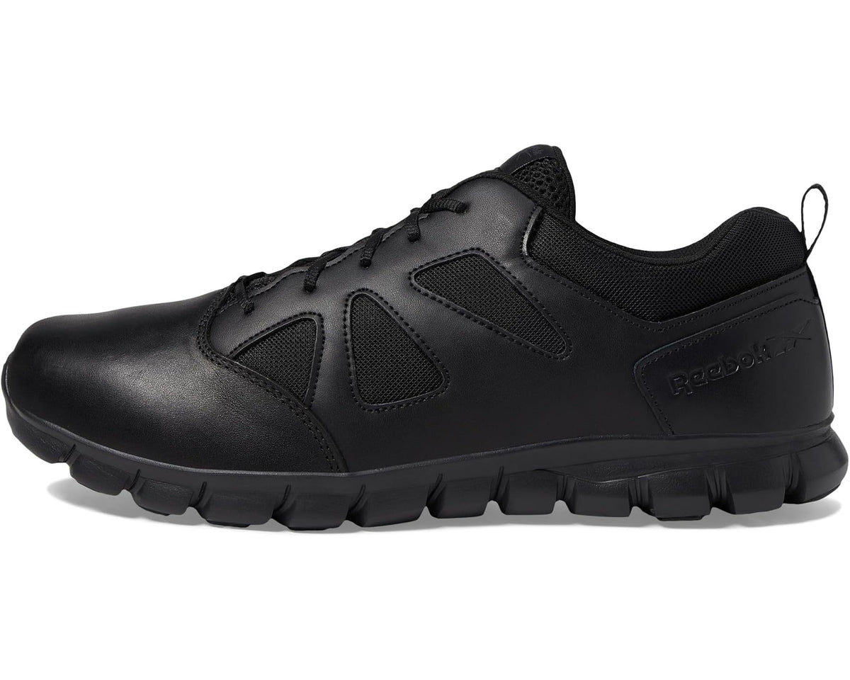 Black Reebok lace-up work shoe with padded collar and soft toe