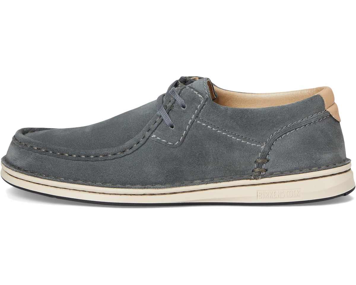 Men's Birkenstock suede lace-up shoes, front side view with stitched seams