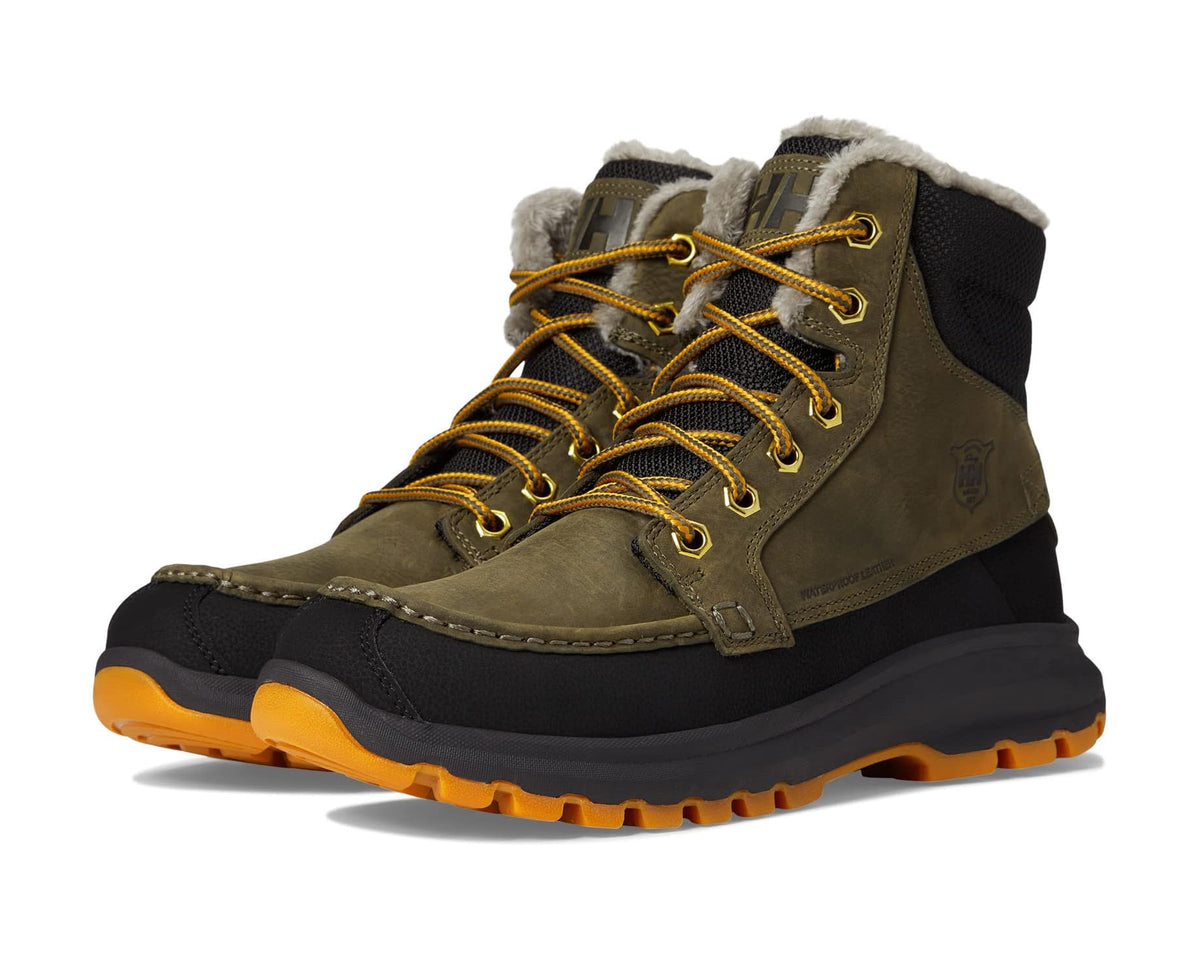 Utility boots in olive green and black with yellow laces, fur-lined collar, rugged outsole.