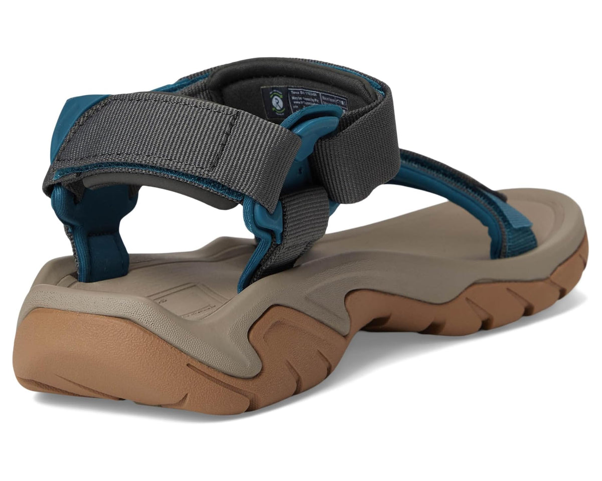 Men's Teva sandals with tan base and blue accents, gray straps and chunky sole