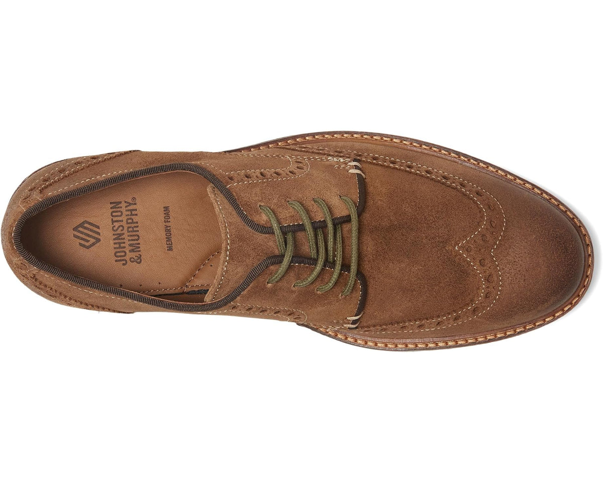 Men's Johnston & Murphy wingtip suede lace-up shoes, top view with green laces