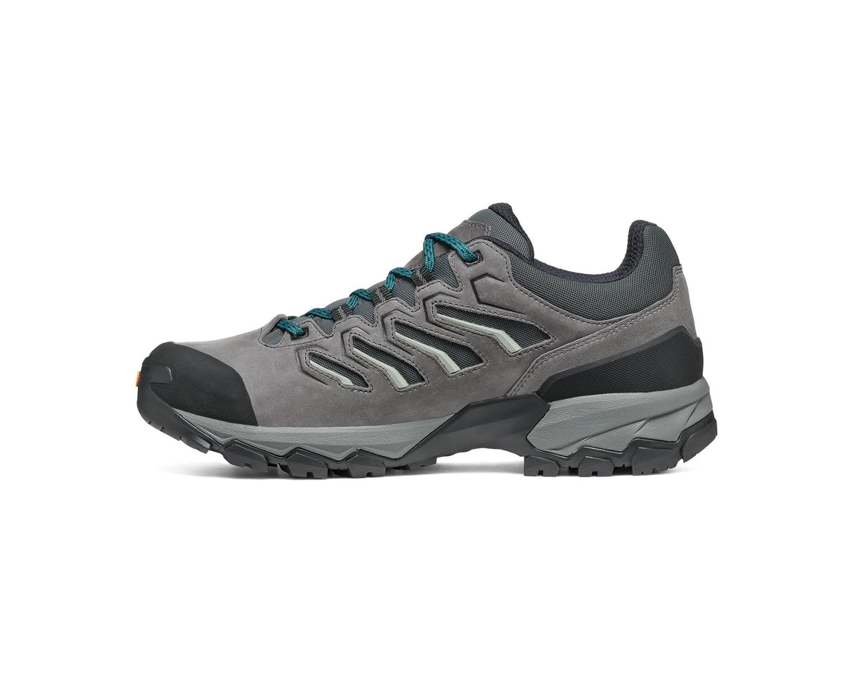 Anthracite low-cut hiking shoe with teal laces and chunky lug outsole