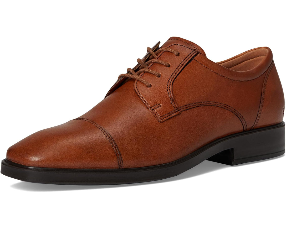 Men's ECCO Milan cap-toe Oxford shoe, saddle brown leather lace-up with low heel.