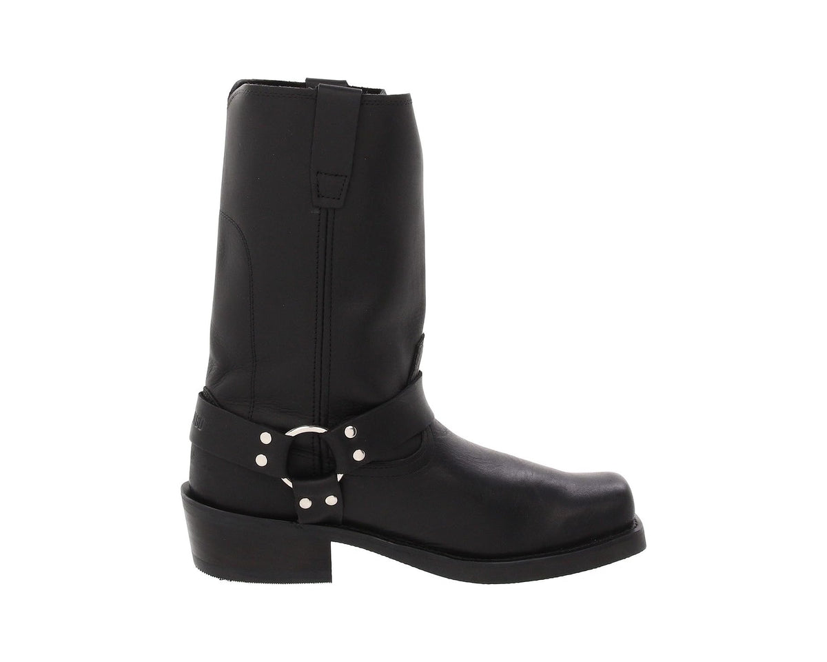 Side view of black cowboy boots with buckle strap and elastic panel.