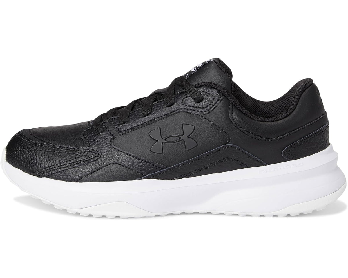 Black leather men's athletic sneaker with side logo and white midsole