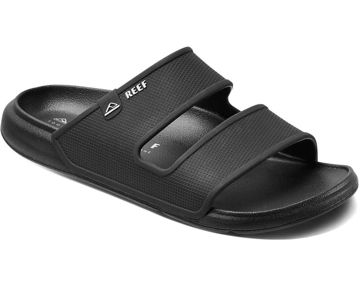 Men's black REEF double-strap slide sandals with buckle and textured footbed