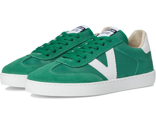 Green suede and nylon low-top sneakers with white V stripe and green lace-up
