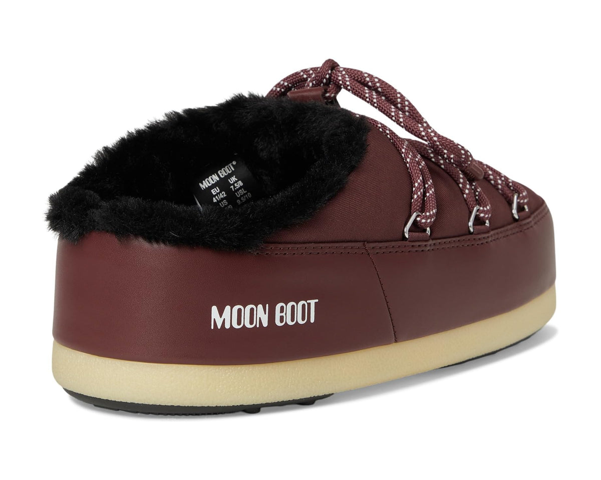 Burgundy unisex boot with black faux-fur collar and MOON BOOT logo on side