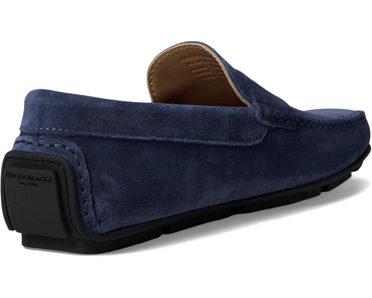Blue suede men's loafer heel with black trim and tan inner lining