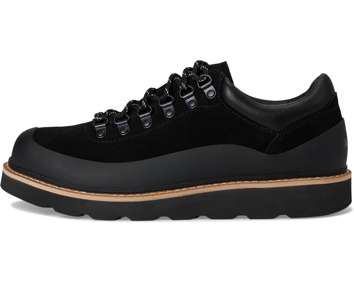 Men's black lace-up casual shoes with low profile upper and platform sole