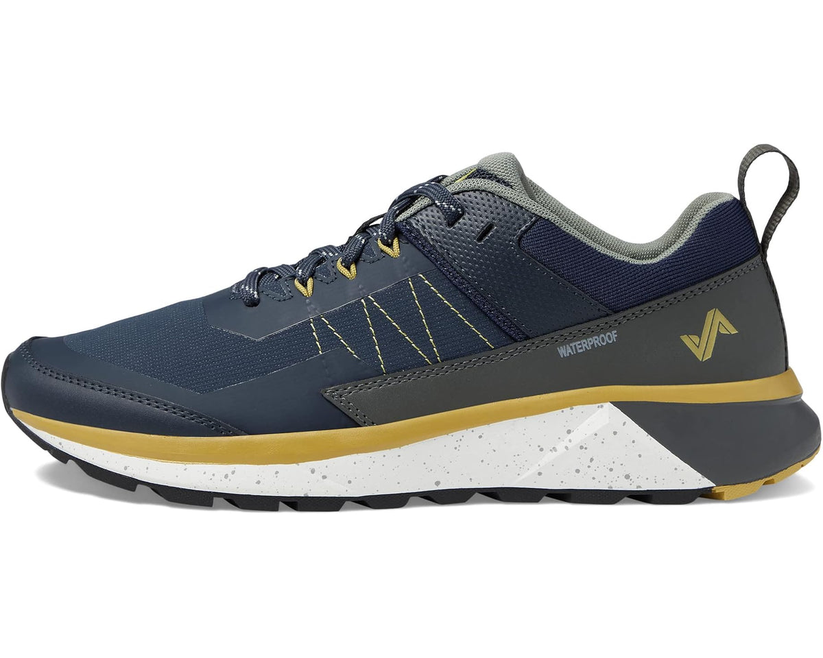 Navy low-cut waterproof trail shoe with lace-up closure and speckled midsole