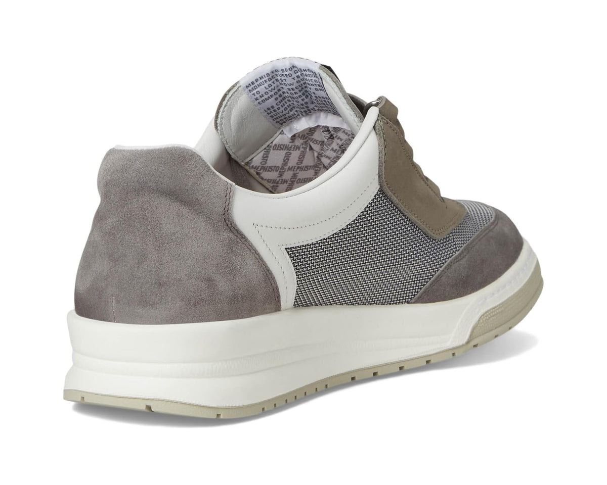 Heel of grey lace-up sneaker with white collar and visible interior lining