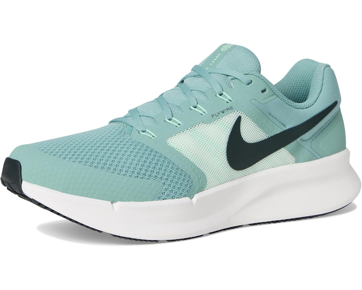 Teal lace-up running shoes with black swoosh and white cushioned midsole