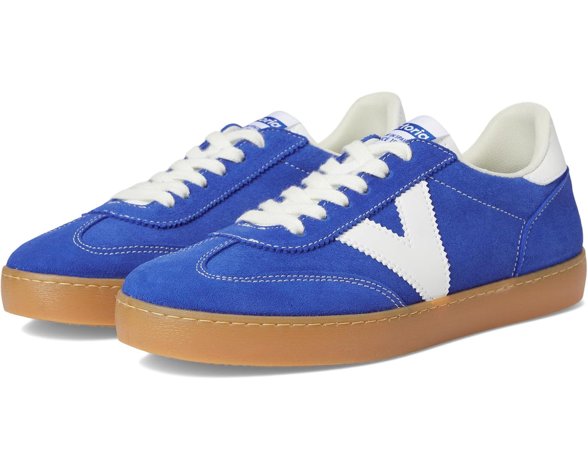 Royal blue suede sneakers with white side stripe and gum rubber sole