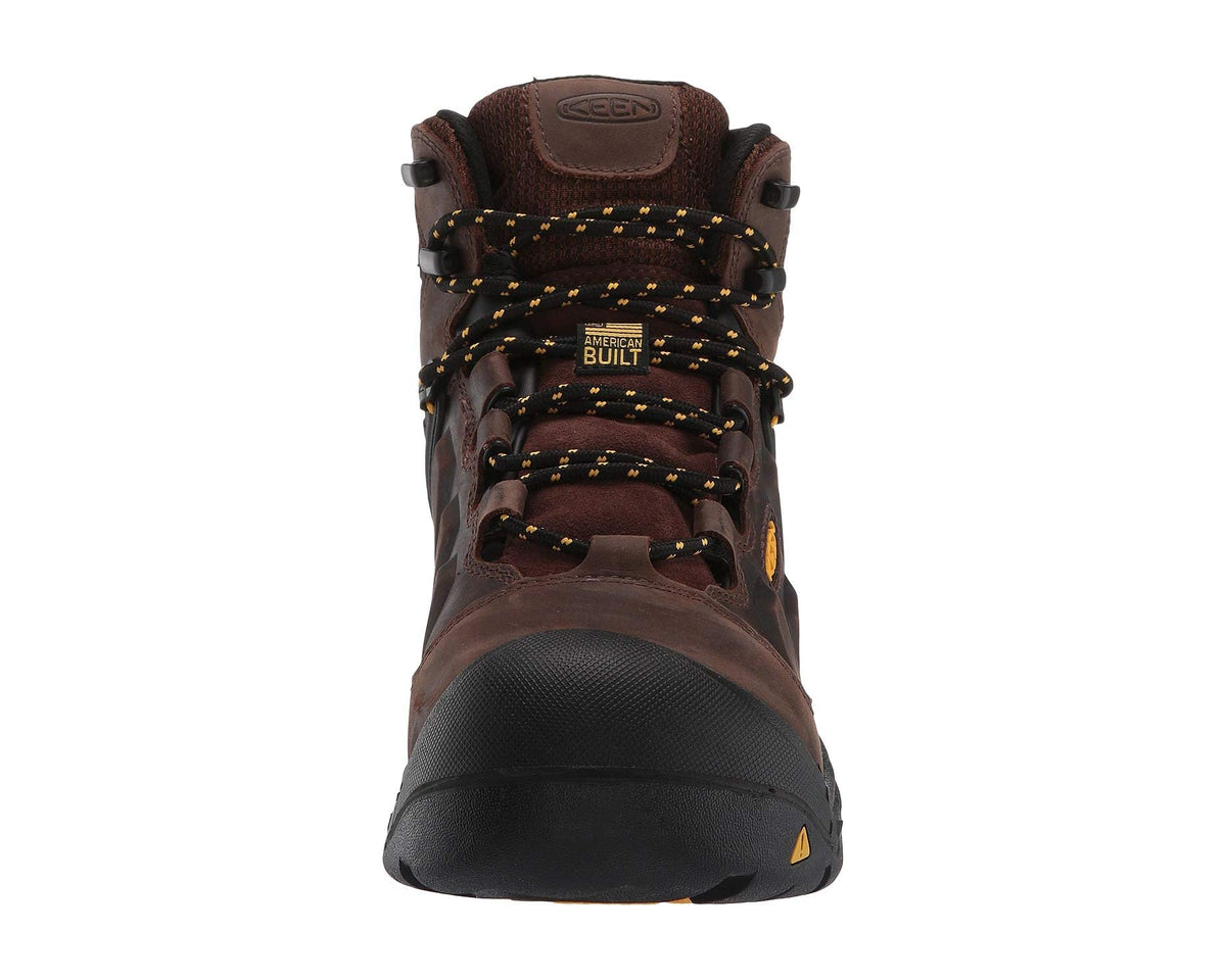 Men's waterproof work boot front view in dark earth brown and black, lace-up and KEEN branding