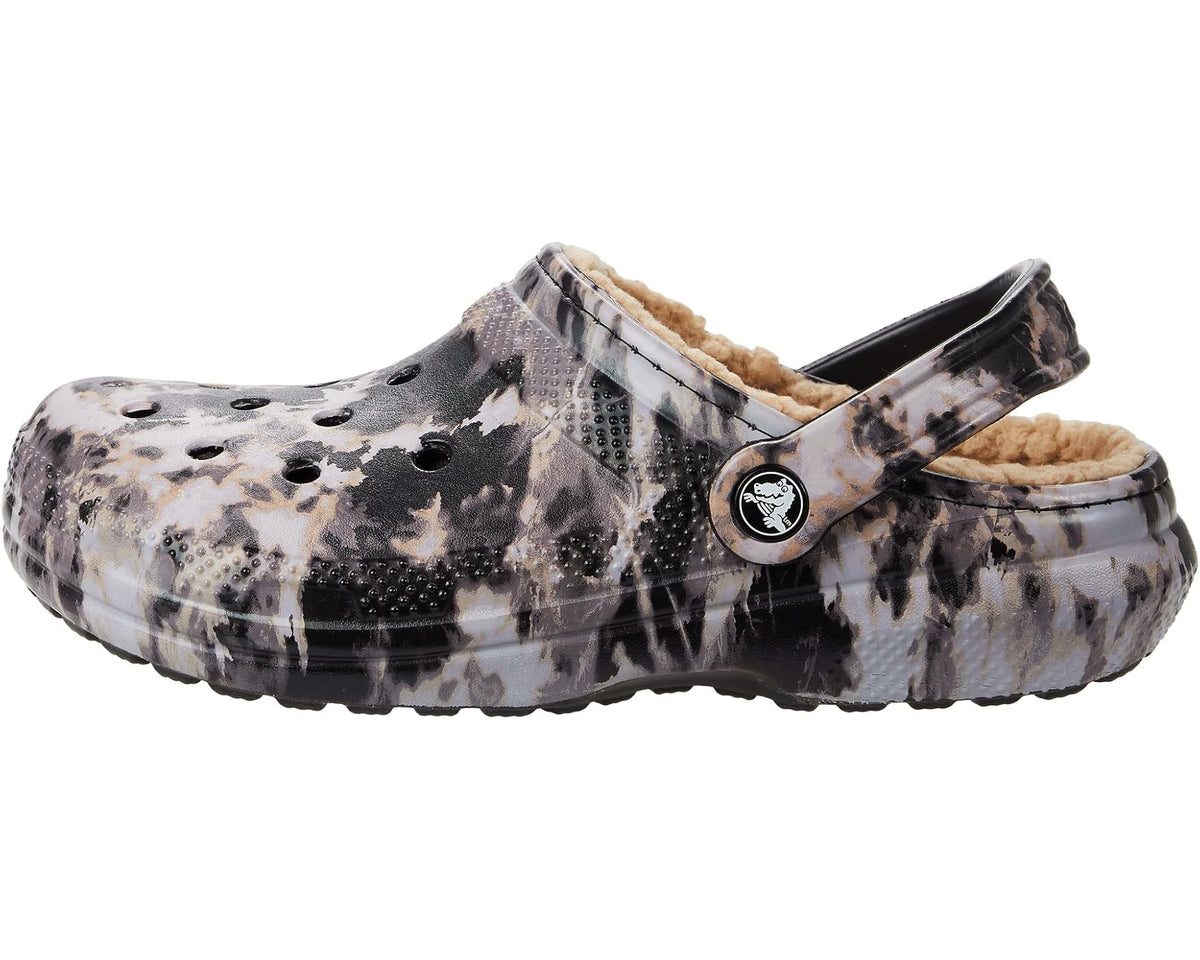 Crocs lined tie-dye clog with plush lining, black with bleach splash pattern