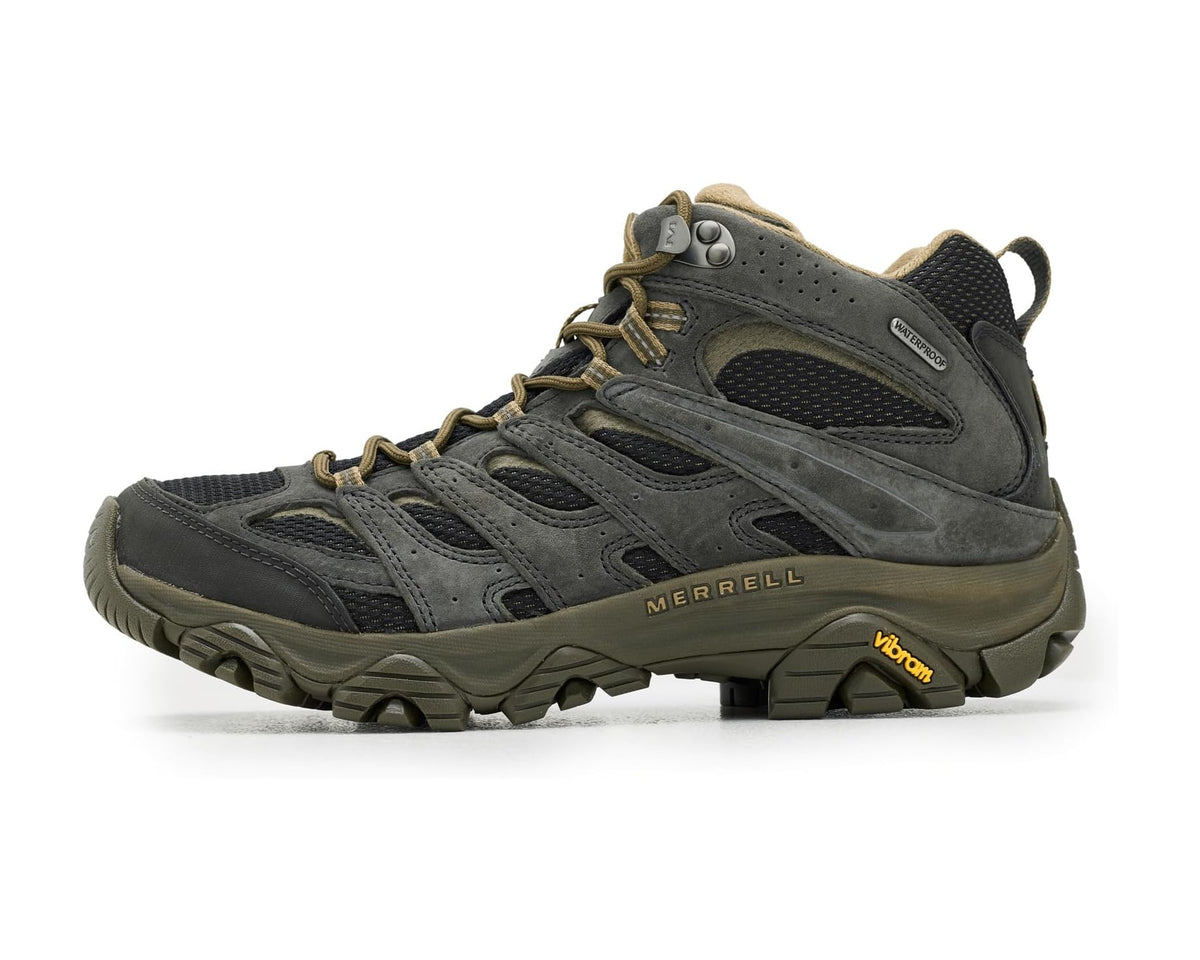 Men's mid waterproof hiking boots, dark gray with Merrell logo and Vibram badge