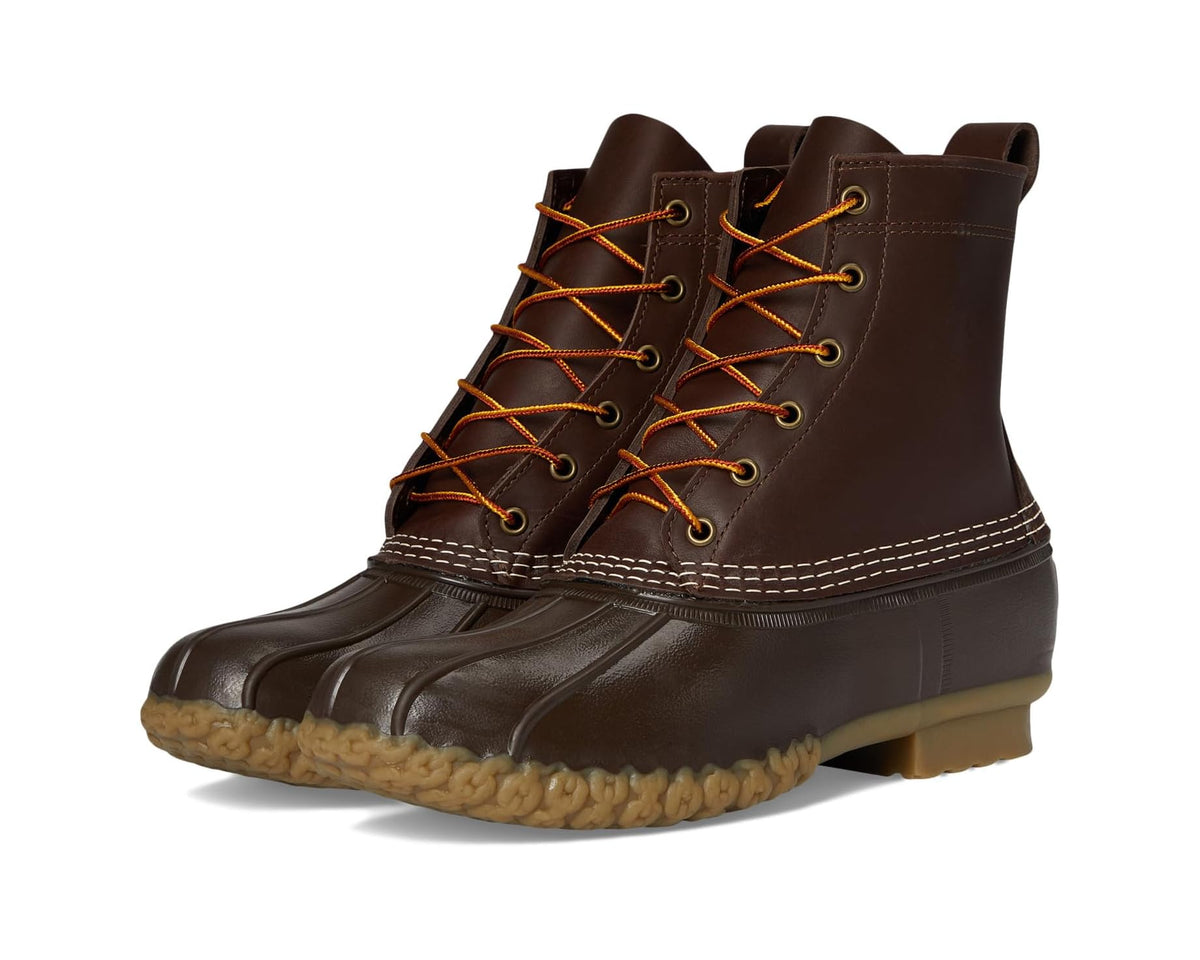 Men's L.L.Bean 8 Bean Boots in brown with tan trim, lace-up, stitched leather upper.