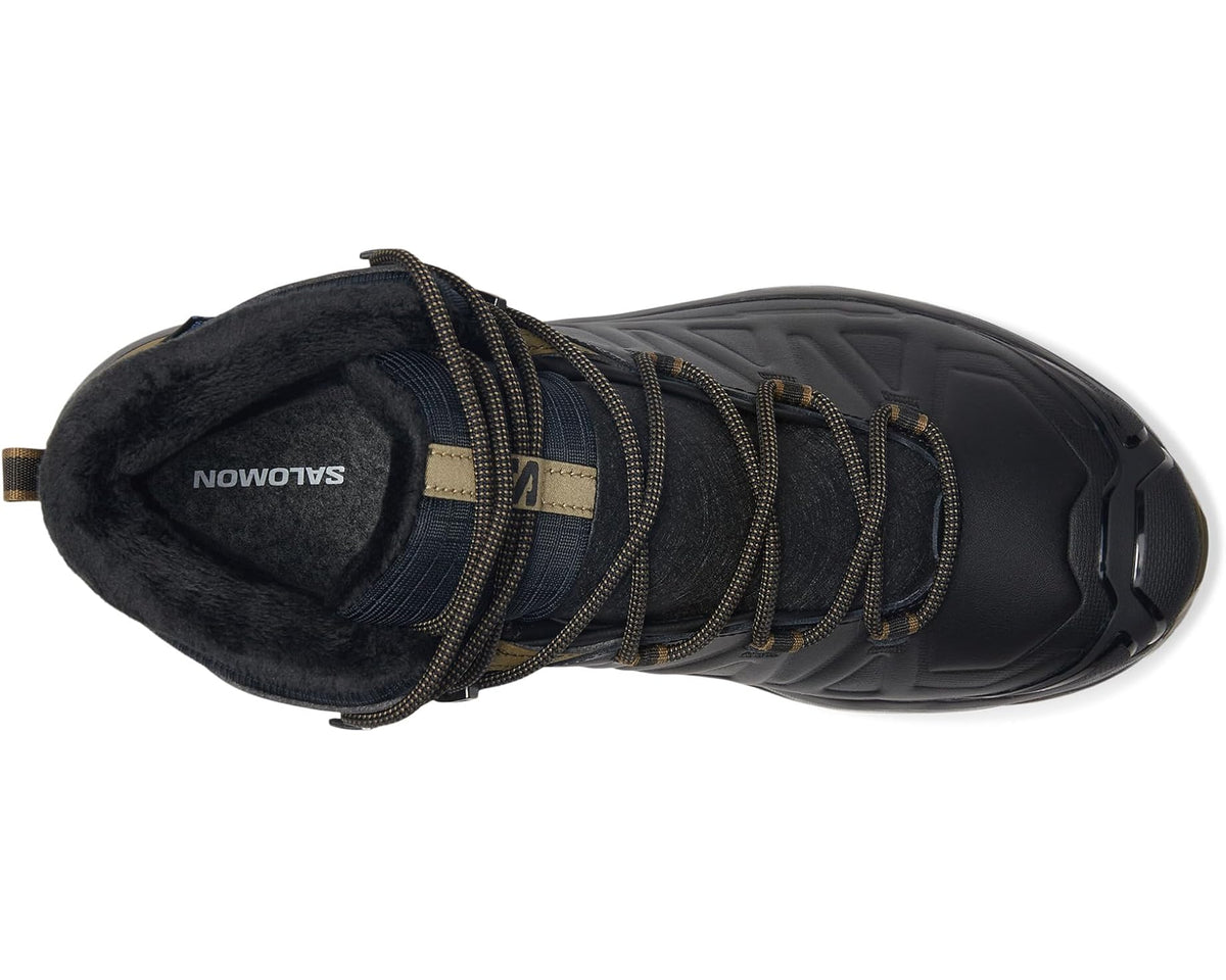 Salomon men\u2019s snow hiking boot, side view with fleece-lined collar and laces