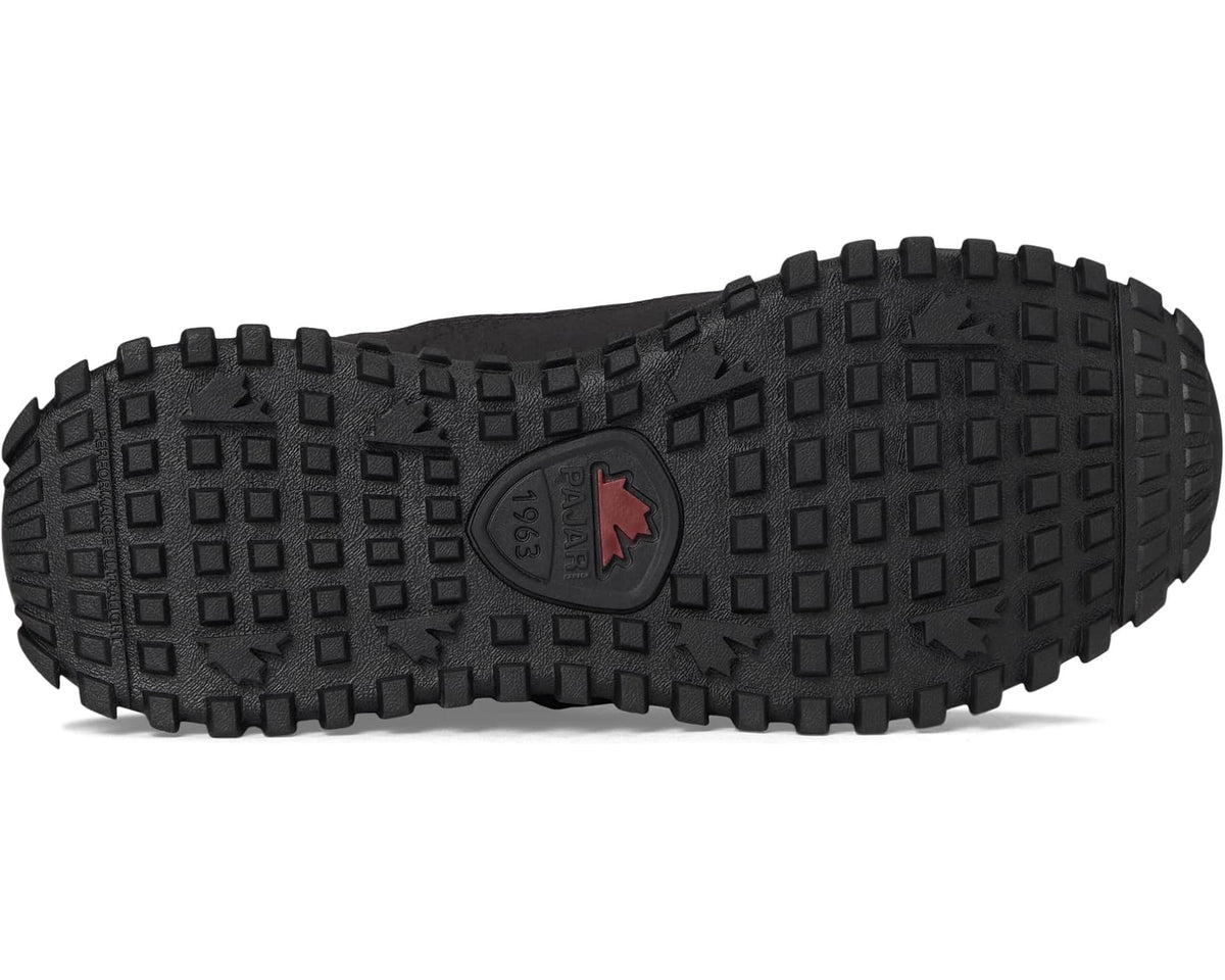 Black rubber outsole with square traction lugs and red logo detail.