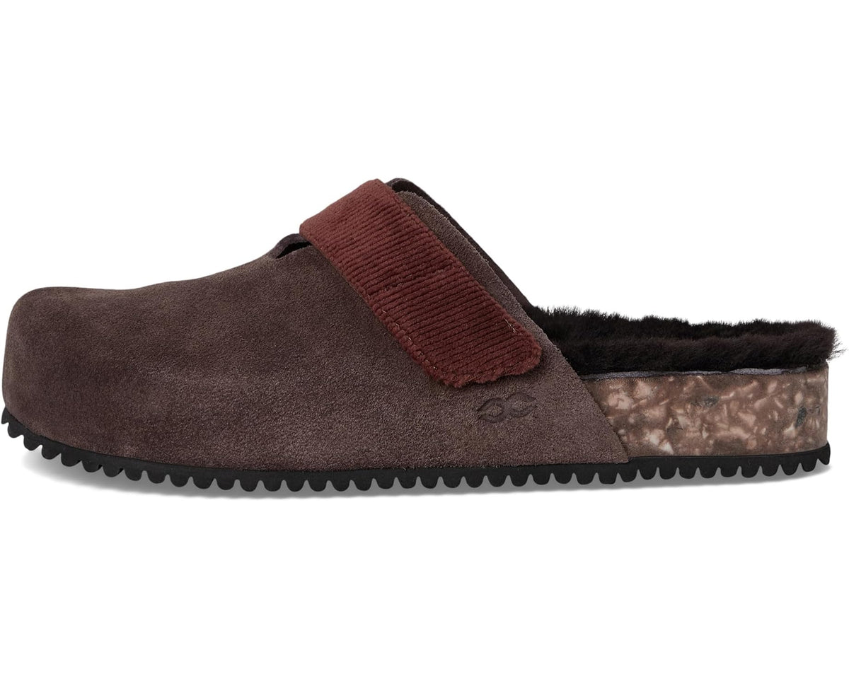 Side view of dark espresso suede-look clog with brown strap and fuzzy lining