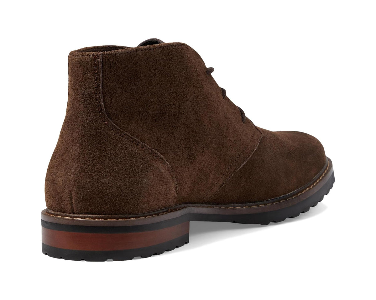 Brown suede lace-up ankle boot with heel pull tab and dark sole