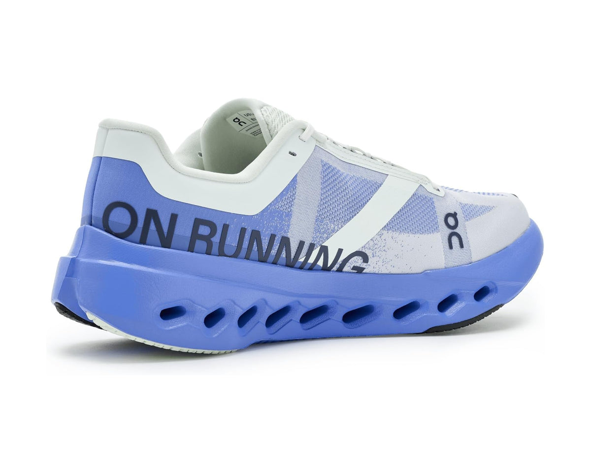 Men's On running shoes with white and light blue upper and blue CloudTec-style sole