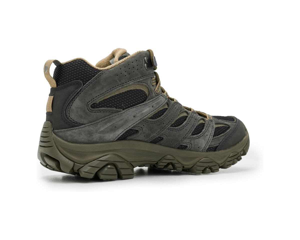 Men's mid waterproof hiking boots, dark gray leather with mesh panels and tan collar